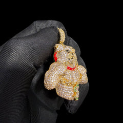 14K Gold Iced Out Bulldog Pendant | CZ Diamond Hip Hop Dog Necklace | Red Collar Bling Charm