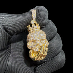 14K Gold Crowned Skull Pendant | Iced Out CZ Diamond Hip Hop Necklace | King Skull Bling Charm