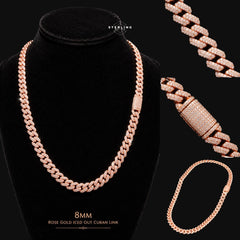Moissanite Rose Gold Prong Cuban Chain 8mm 20"