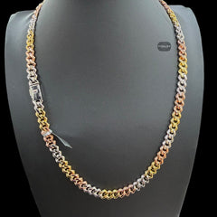 Moissanite Prong Cuban Tri Color Chain 8mm 22"