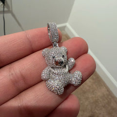 Iced Out Teddy Bear Pendant, Solid 925 Sterling Silver VVS CZ Diamond Necklace, Hip Hop Jewelry, 22 Inch Rope Chain