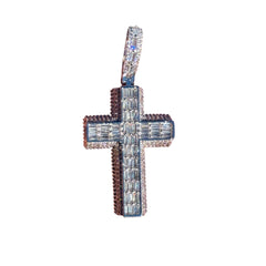 3D Cross 14k White Gold Plated Iced CZ Pendant + Steel Rope Chain