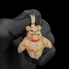 14K Gold Iced Out Bulldog Pendant | CZ Diamond Hip Hop Dog Necklace | Red Collar Bling Charm