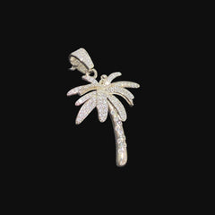 14K White Gold Iced Out Palm Tree Pendant | CZ Diamond Hip Hop Tropical Necklace with Free Rope Chain