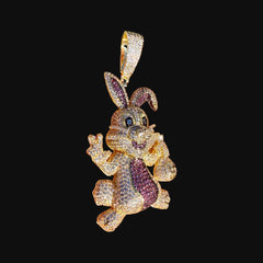 Iced Out Easter Bunny Pendant | Purple CZ Rabbit Hip Hop Necklace | Gold Tone Cartoon Animal Charm with Free Rope Chain