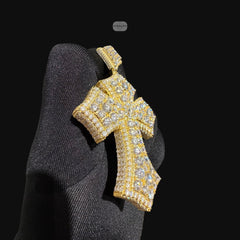 Gold Moissanite Flared Cross Pendant, Iced Out 925 Sterling Silver Hip Hop Necklace Rope Chain