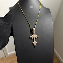 Moissanite Rose Gold Gothic Cross Pendant, Iced Out 925 Silver Hip Hop Necklace, GRA Certified w 24" Chain