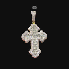 Moissanite Gold Baguette Cross Pendant, 925 Silver Iced Out Hip Hop Necklace, GRA Certified w 24" Chain