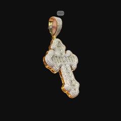Moissanite Gold Baguette Cross Pendant, 925 Silver Iced Out Hip Hop Necklace, GRA Certified w 24" Chain