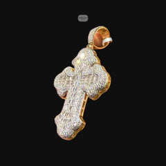 Moissanite Gold Baguette Cross Pendant, 925 Silver Iced Out Hip Hop Necklace, GRA Certified w 24" Chain