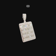 Moissanite Baguette Dog Tag Pendant, 925 Silver Iced Out Hip Hop Necklace, GRA Certified w 24" Chain