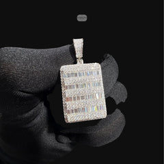 Moissanite Baguette Dog Tag Pendant, 925 Silver Iced Out Hip Hop Necklace, GRA Certified w 24" Chain