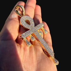Big Iced Out Ankh Drip Pendant | 14K Gold Plated Egyptian Cross Necklace, Hip Hop CZ Pendant with Free Rope Chain