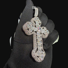 Large Baguette Cross Pendant | 14K White Gold Plated Silver Tone CZ Hip Hop Necklace with Free Rope Chain
