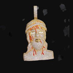 Iced Out Jesus Head Pendant | 14K Gold Plated Hip Hop Religious Necklace w/ Free Rope Chain