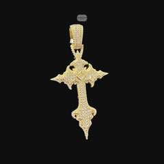 Moissanite Gold Gothic Cross Pendant, Iced Out 925 Silver Hip Hop Necklace, GRA Certified w 24" Chain