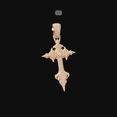 Moissanite Rose Gold Gothic Cross Pendant, Iced Out 925 Silver Hip Hop Necklace, GRA Certified w 24" Chain