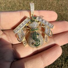 Moneybag Iced 14k Gold Plated Pendant + Steel Rope Chain