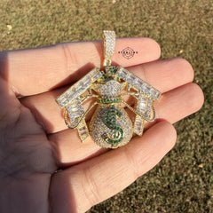 Moneybag Iced 14k Gold Plated Pendant + Steel Rope Chain