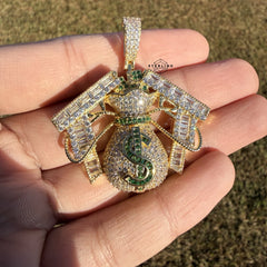 Moneybag Iced 14k Gold Plated Pendant + Steel Rope Chain