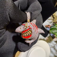 Shark Iced Out Pendant CZ Diamond Teeth Hip Hop Bling + Rope Chain