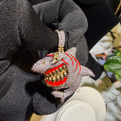 Shark Iced Out Pendant CZ Diamond Teeth Hip Hop Bling + Rope Chain