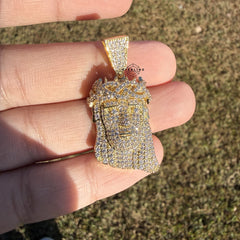 Jesus Head Gold Tone Iced Pendant + Steel Rope Chain