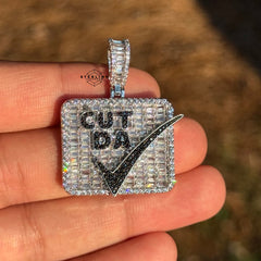 Cut Da Check Pendant Necklace, Iced Out Hip Hop Jewelry, CZ Baguette Diamond Pendant, Money Check Charm, Rap Streetwear Rope Chain Gift