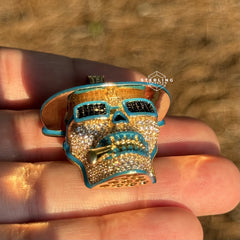 Iced Out Skull Pirate Pendant, 14k Gold Plated CZ Diamonds Glow in The Dark, Steel Rope Chain