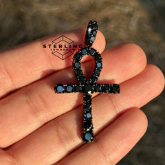 14K Black Plated Iced Out Ankh Necklace | Hip Hop Jewelry | Bling Crystal Ankh Pendant w/ Rope Chain | Streetwear Egyptian Cross