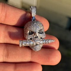 Iced Skull Pendant Bullet Design 14K White Gold Plated CZ Diamond Hip Hop Chain Skull Bling Necklace Mens Streetwear Jewelry Rope Chain
