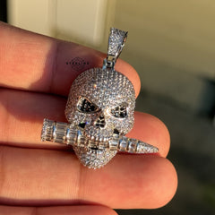Iced Skull Pendant Bullet Design 14K White Gold Plated CZ Diamond Hip Hop Chain Skull Bling Necklace Mens Streetwear Jewelry Rope Chain