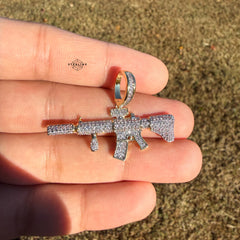 Rifle 14k Gold Plated Iced CZ Pendant + Free Steel Rope Chain