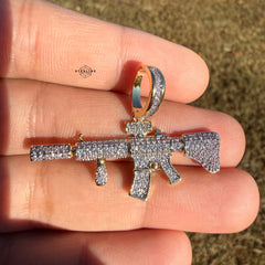 Rifle 14k Gold Plated Iced CZ Pendant + Free Steel Rope Chain
