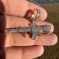Rifle 14k Gold Plated Iced CZ Pendant + Free Steel Rope Chain