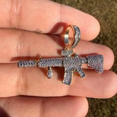 Rifle 14k Gold Plated Iced CZ Pendant + Free Steel Rope Chain