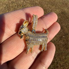 Iced Out Goat Pendant | 14K Gold Plated Baguette CZ Goat Necklace, Farm Animal Hip Hop Pendant with Free Rope Chain