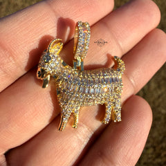 Iced Out Goat Pendant | 14K Gold Plated Baguette CZ Goat Necklace, Farm Animal Hip Hop Pendant with Free Rope Chain