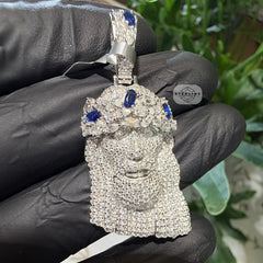 Moissanite Jesus Blue Crown 1.5" Pendant
