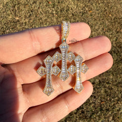 Triple Cross Baguette 14k Gold Plated Iced CZ Pendant + Free Steel Rope Chain