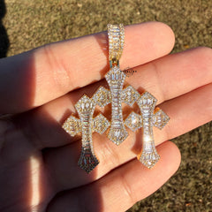 Triple Cross Baguette 14k Gold Plated Iced CZ Pendant + Free Steel Rope Chain