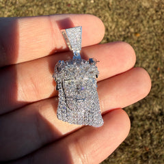 Small Jesus Head 14k White Gold Plated Iced CZ Pendant + Free Steel Rope Chain