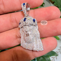 Moissanite Jesus Blue Crown 1.5" Pendant