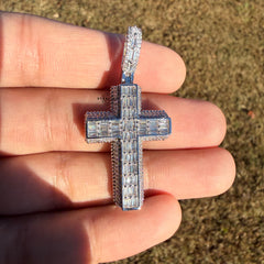 3D Cross 14k White Gold Plated Iced CZ Pendant + Steel Rope Chain