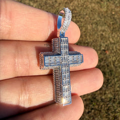 3D Cross 14k White Gold Plated Iced CZ Pendant + Steel Rope Chain