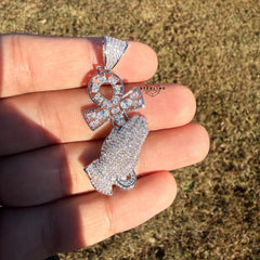 Iced Out Praying Hands Ankh Pendant, 14K White Gold Plated CZ Diamond Religious Hip Hop Necklace with Rope Chain