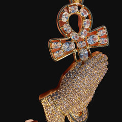 14K Gold Iced Out Praying Hands Ankh Pendant | CZ Diamond Hip Hop Religious Necklace with Free Chain