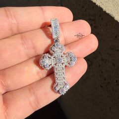 Moissanite Baguette Solitaire Cross Pendant + Rope Chain