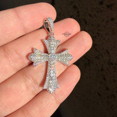 Moissanite Iced Out Chrome Cross Pendant 925 Sterling Silver, Passes Diamond Tester, GRA Certified, Gothic Cross Necklace, Free Steel Rope Chain