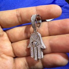 Moissanite Hamsa Hand Heart Iced Pendant + Steel Rope Chain